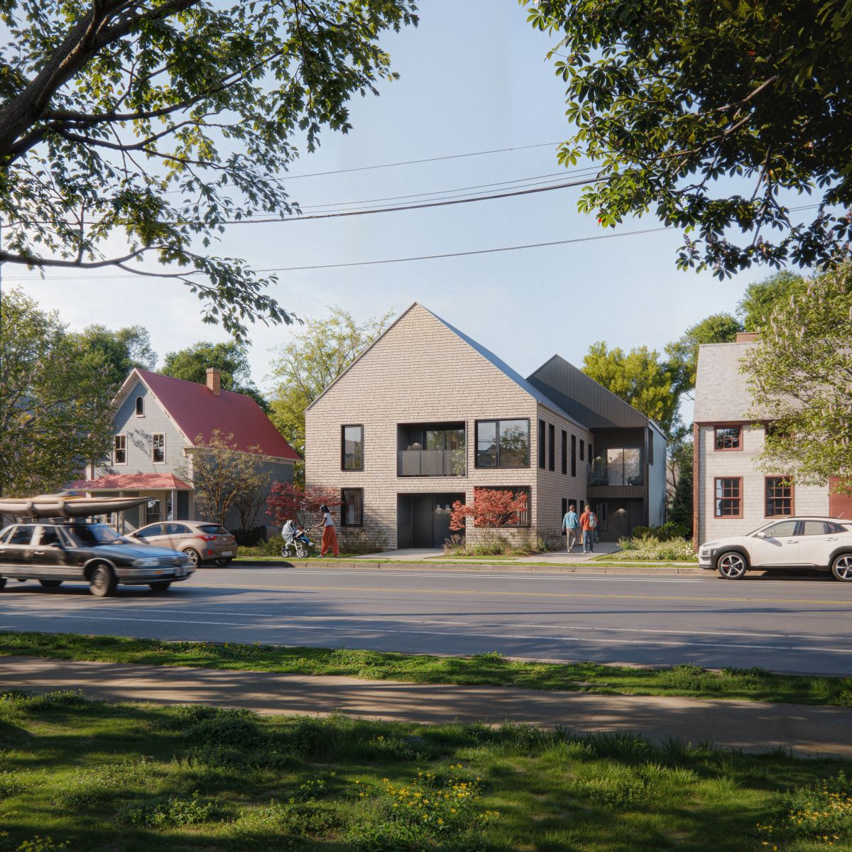 Rendu 3D d’un quadruplex doté d’une façade en briques claires avec des accents noirs épurés qui se fond dans un charmant quartier résidentiel. 